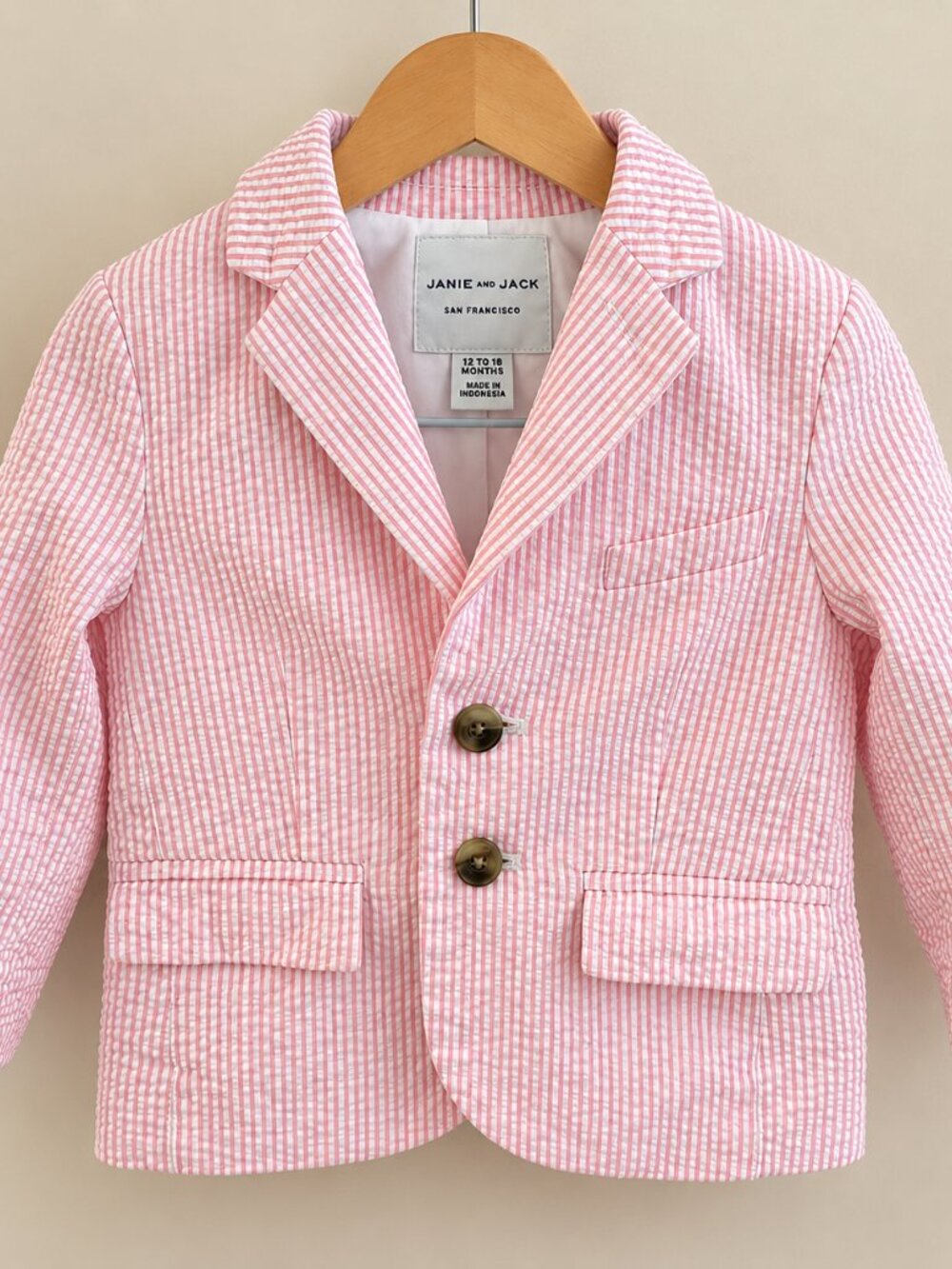 Janie and Jack Pink/White Seersucker Striped Lined Blazer 12-18 Months